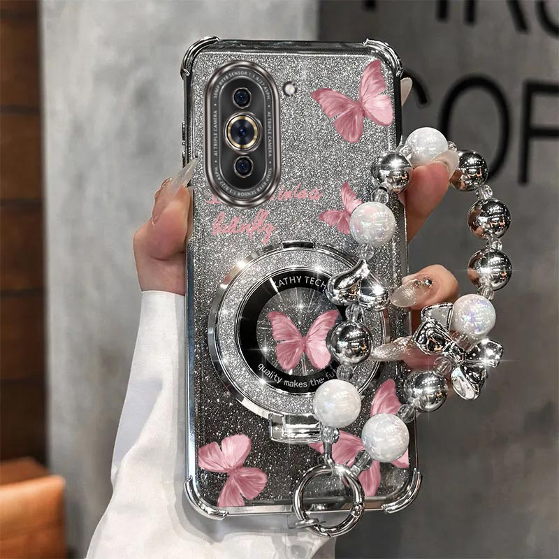 Huawei Nova 12 - Pearl Strap Lanyard Glitter Pink Butterfly